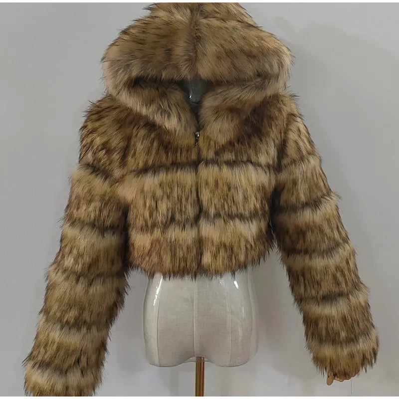 Solid Short Hooded Faux Fur Coat Women Chic Full Sleeve Zipper Cropped Loose Warm Coats Lady Winter Daily Highstreet Outerwears