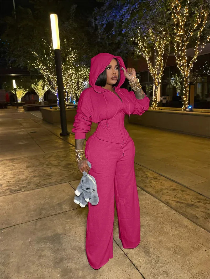 Streetwear Casual Tracksuit Woman 2 Piece Sets Sporty Zipper Hooded Lace-up Bandage Corset Jacket and Sweatpants Matching Set