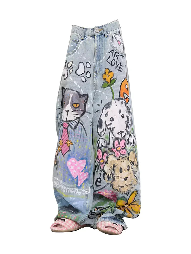 Women's Blue Cartoon Denim Y2K Harajuku Streetwear Cute Aesthetic Vintage Wide Leg Jeans Fashionable Retro Style Clothing 2025
