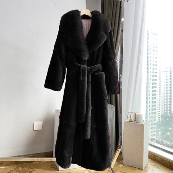 New Faux Fur Coat Women's Mid-Length Coat Fashion Loose Belly Covered Tide Sashes Winter Warm Outwear Solid Color