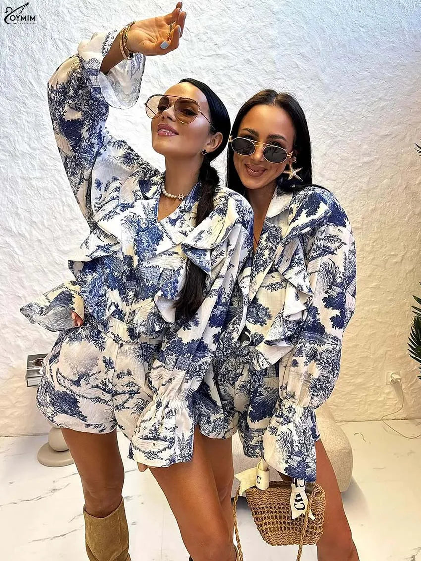 Oymimi Elegant Pink Print 2 Pieces Set For Woman Fashion Lapel Long Sleeve Ruffled Button Shirts And High Waisted Shorts Sets