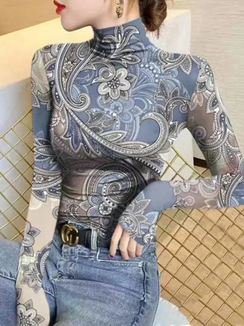 2026 Women's Clothes High Neck T-Shirts New Flower Printed Skinny Long Sleeves Base Layer Tops for Female Autumn Winter Tops