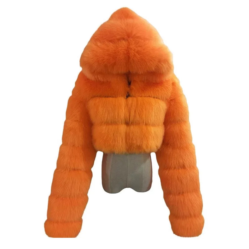 Solid Short Hooded Faux Fur Coat Women Chic Full Sleeve Zipper Cropped Loose Warm Coats Lady Winter Daily Highstreet Outerwears