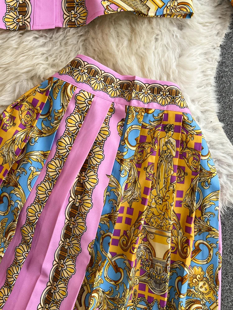 Spring Summer Vintage Short Skirt Two Piece Set for Women Fashion High Waist and Shirts Top 2 Piece Sets Pleated Skirts Outfits