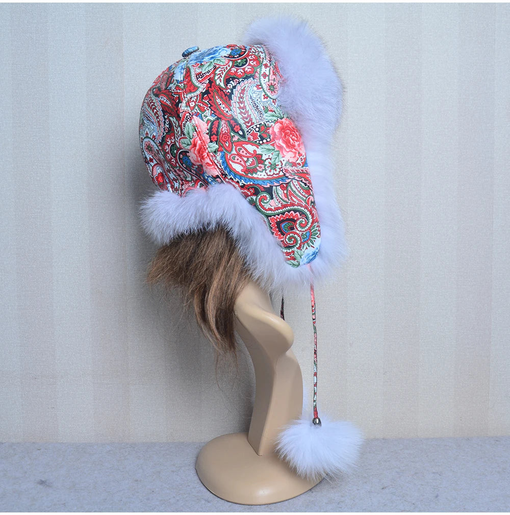 Winter Fur Hat for Women Hat with Ear Real Fox Fur Caps Russian Women Bomber Hats Bonnets Trapper Cap Camo Fox Hat Wholesale