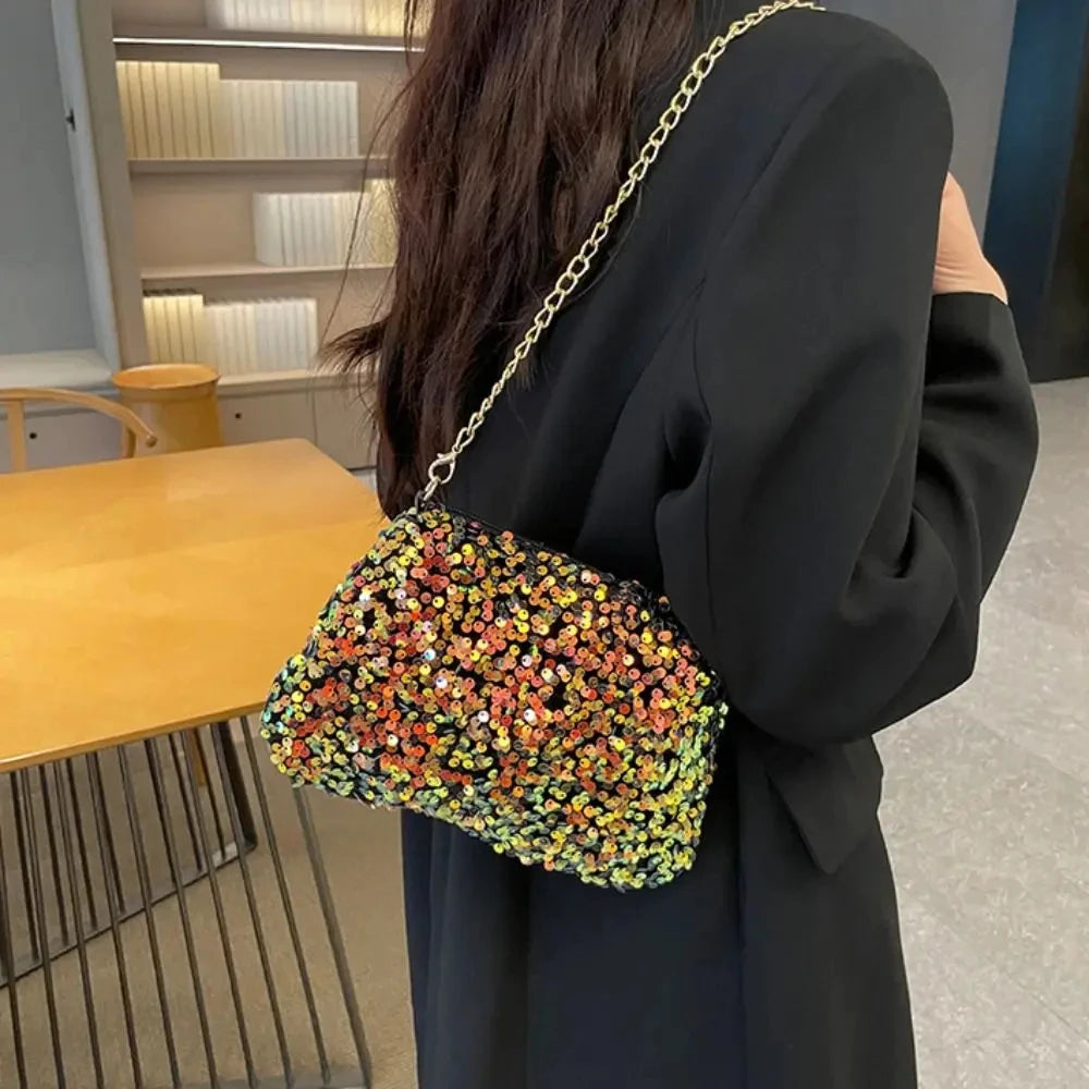 Solid Color Sequins Crossbody Bag Simple INS Chain Sequins Shoulder Bag Pocket Bag Phone Bag Small Square Bag Dinner Party