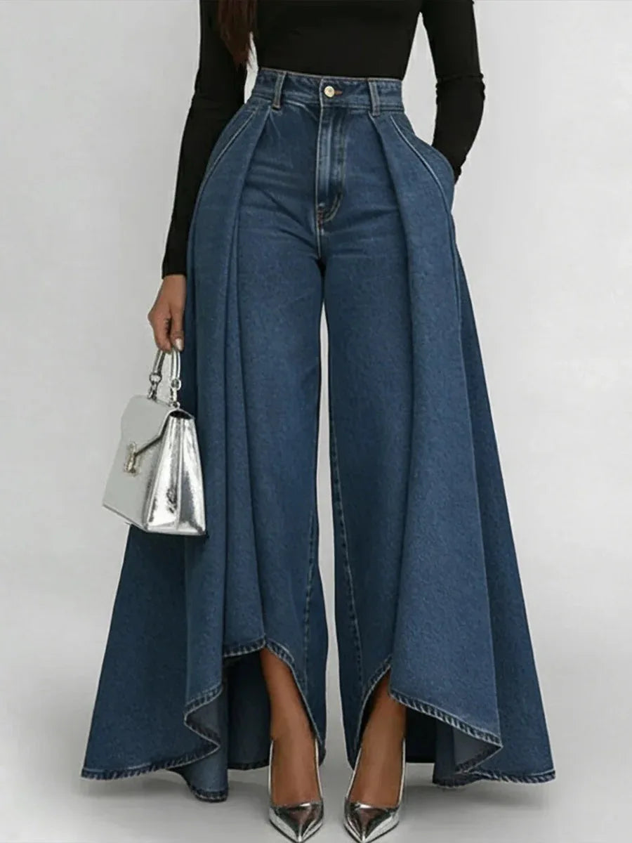 Fashion High Rise Denim Culottes Jeans Side Drape Oversized Wide Leg Pants Loose Fit Casual Street Trousers