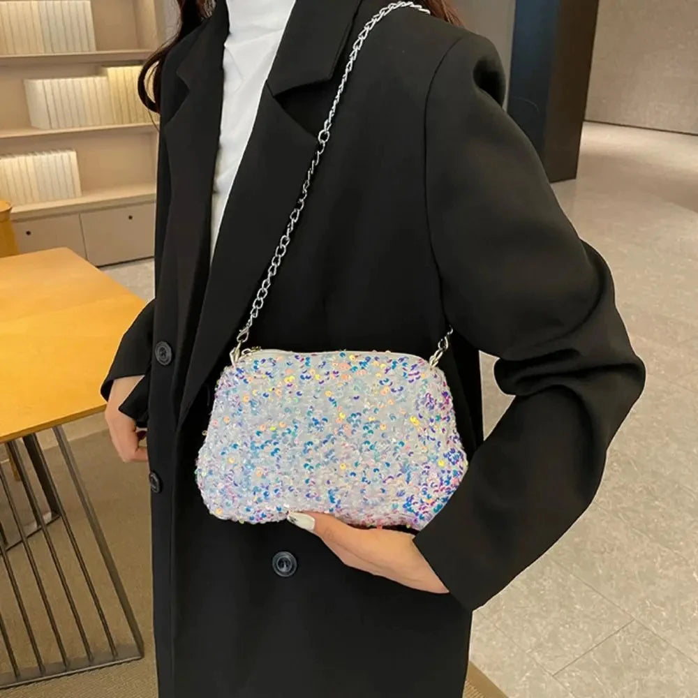 Solid Color Sequins Crossbody Bag Simple INS Chain Sequins Shoulder Bag Pocket Bag Phone Bag Small Square Bag Dinner Party
