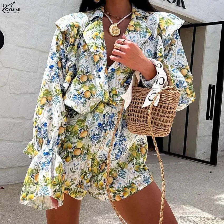 Oymimi Elegant Pink Print 2 Pieces Set For Woman Fashion Lapel Long Sleeve Ruffled Button Shirts And High Waisted Shorts Sets
