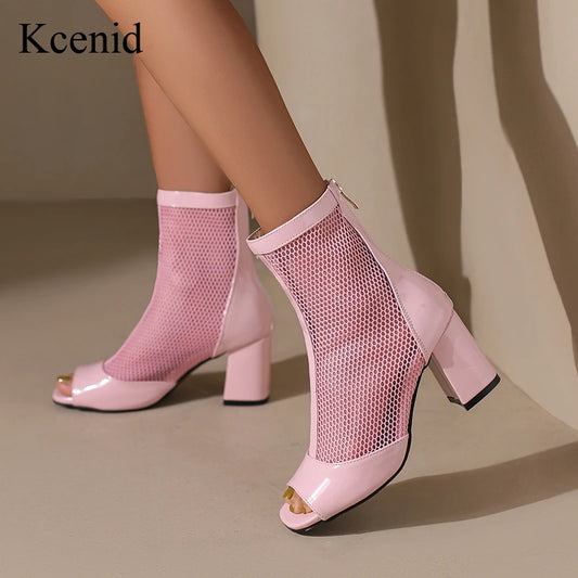 Kcenid New Spring Summer Boots Ladies Peep Toe Chunky High Heel Shoes Zipper Fashion Mesh Comfortable Ankle Boots Plus Size 43