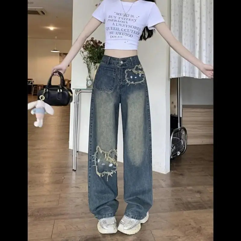 Streetwear Hello Kitty Wide Leg Pants Y2K Sanrio Jeans Women Vintage Blue Casual Loose Straight Trousers Cartoon Fashion Pants