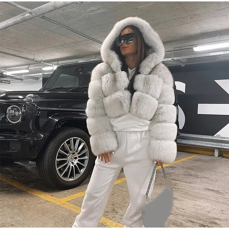 Solid Short Hooded Faux Fur Coat Women Chic Full Sleeve Zipper Cropped Loose Warm Coats Lady Winter Daily Highstreet Outerwears