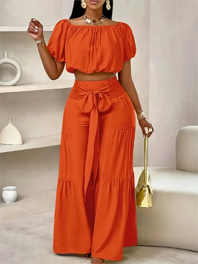 Fashion Puff Sleeve Short Top Sets Ladyelegant O Neck Tops+High Waist Lace-up Wide Leg Pants 2 Pieces Set For Woman Holiday New