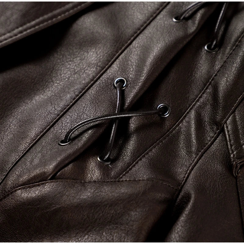 Women Leather Bomber Jackets Coats With Belt Notched Shoulder Pads Motorcycle Street Chic Short Outwear Fashion Solid Lace Up