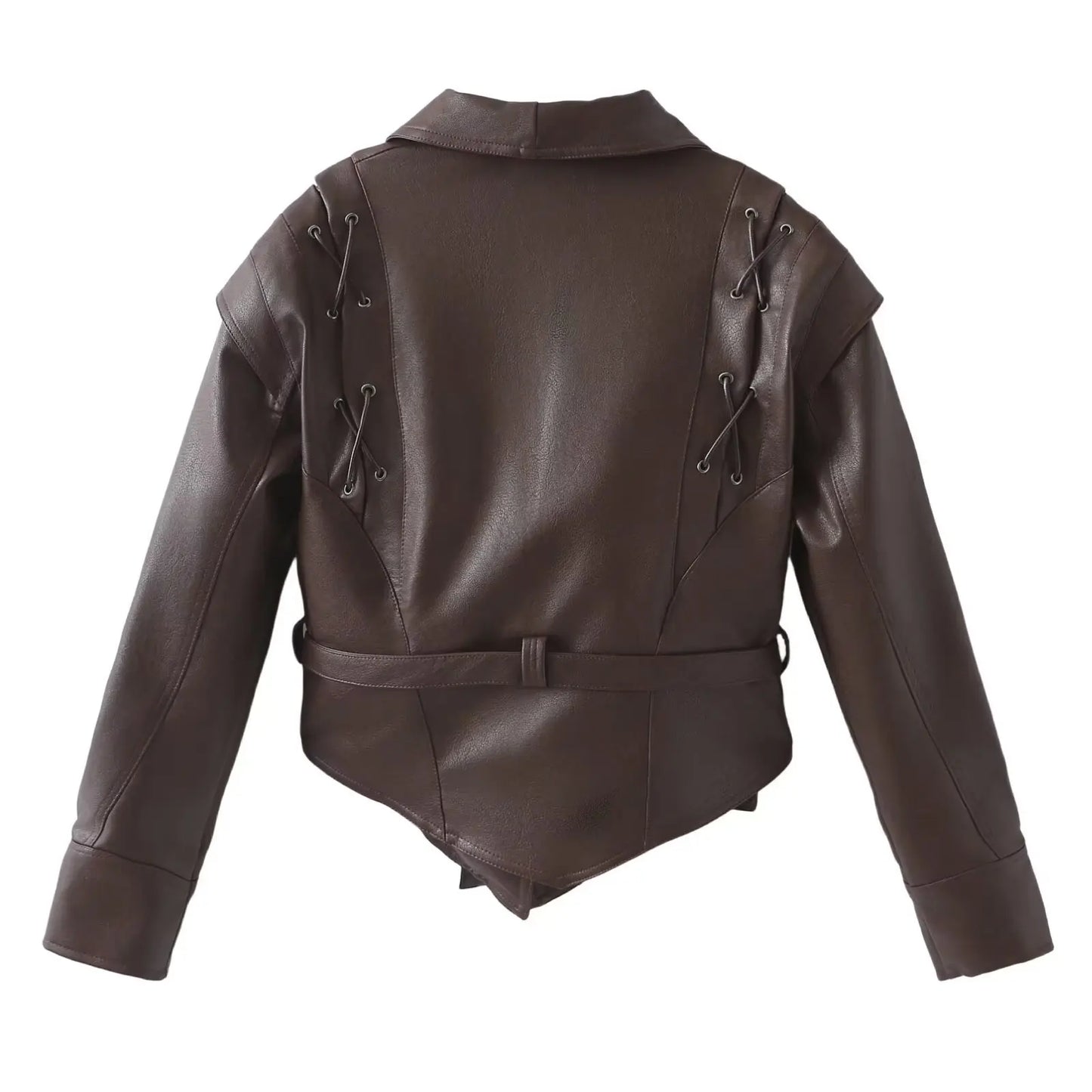 Women Leather Bomber Jackets Coats With Belt Notched Shoulder Pads Motorcycle Street Chic Short Outwear Fashion Solid Lace Up