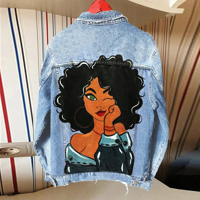 Women's Clothing 2024 Autumn New Hot Street Fashion INS Net Red Personality Sweet Love Girl Print Lapel Denim Jacket