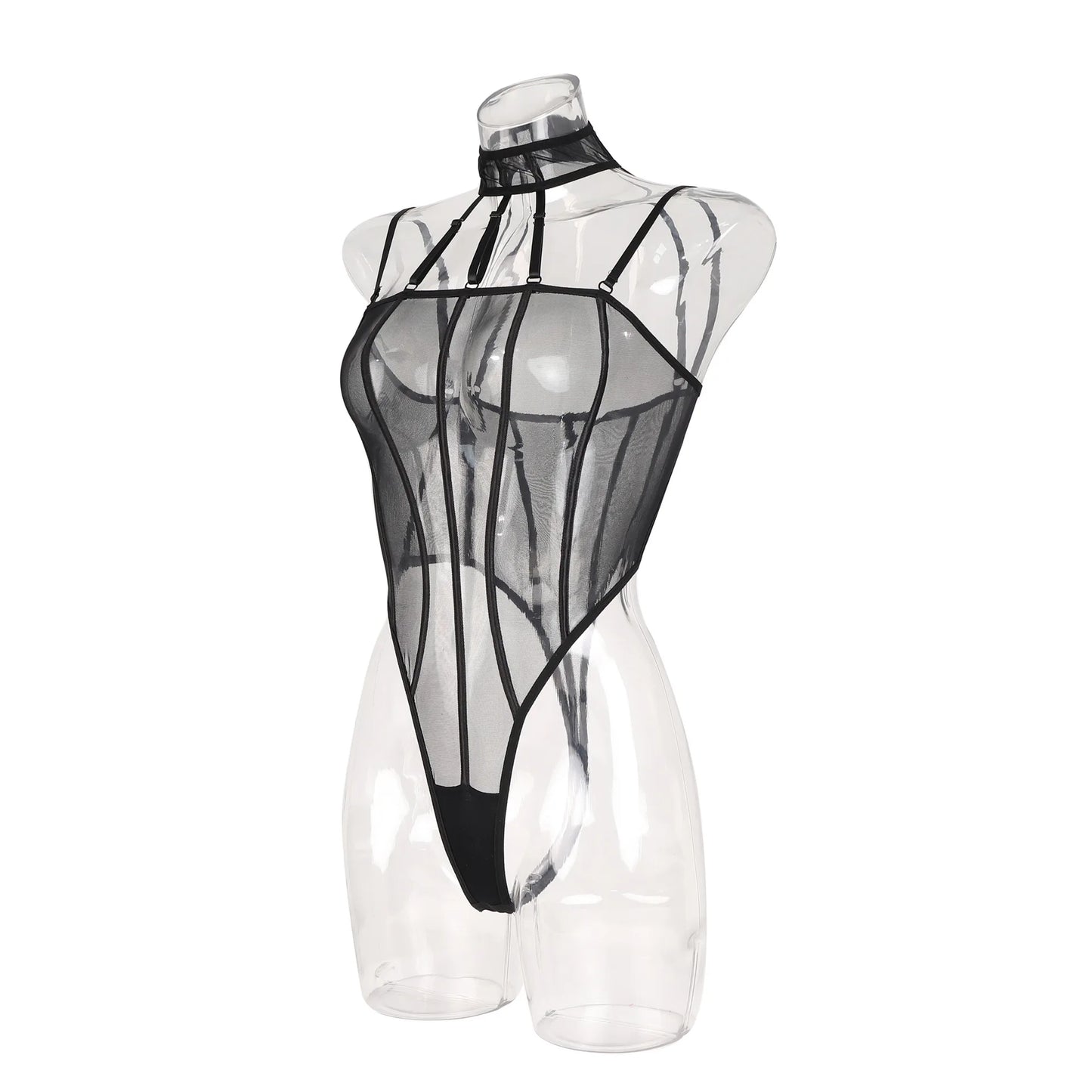 Sexy See-through Mesh Hanging Neck Bodysuits Women's Hollow Out Erotic Jumpsuits Slim Lingerie Bodyshaper Halter Onesie Bodysuit