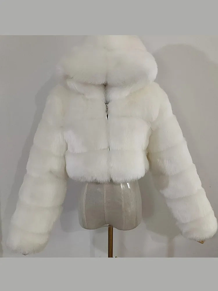 Solid Short Hooded Faux Fur Coat Women Chic Full Sleeve Zipper Cropped Loose Warm Coats Lady Winter Daily Highstreet Outerwears