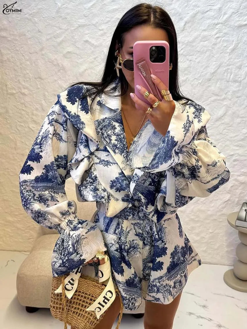 Oymimi Elegant Pink Print 2 Pieces Set For Woman Fashion Lapel Long Sleeve Ruffled Button Shirts And High Waisted Shorts Sets