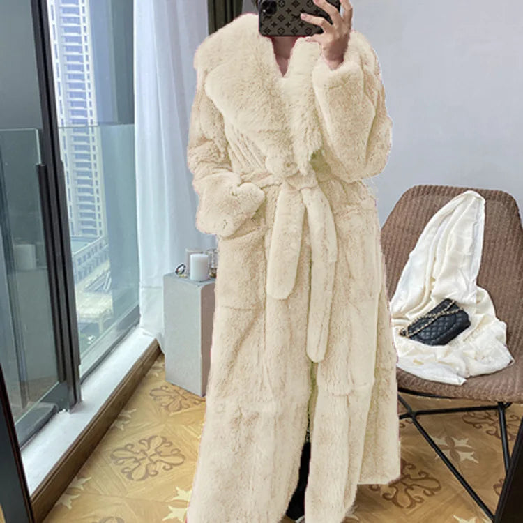New Faux Fur Coat Women's Mid-Length Coat Fashion Loose Belly Covered Tide Sashes Winter Warm Outwear Solid Color