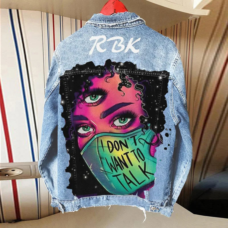 Women's Clothing 2024 Autumn New Hot Street Fashion INS Net Red Personality Sweet Love Girl Print Lapel Denim Jacket