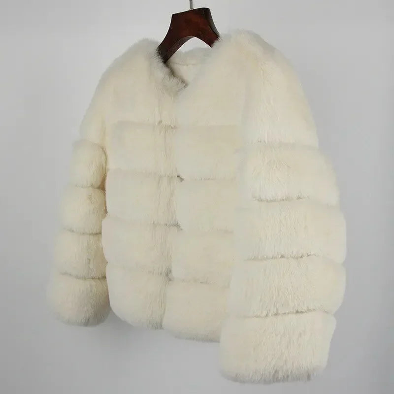 Faux Fur Women Coats Solid Round Neck Full Sleeve Coat Thick Warm Fox Short Open Stitch Elegant Splice Autumn Winter 2024