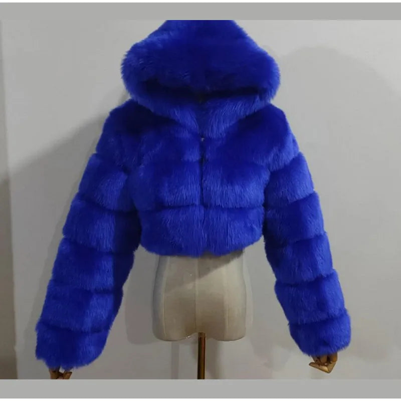 Solid Short Hooded Faux Fur Coat Women Chic Full Sleeve Zipper Cropped Loose Warm Coats Lady Winter Daily Highstreet Outerwears