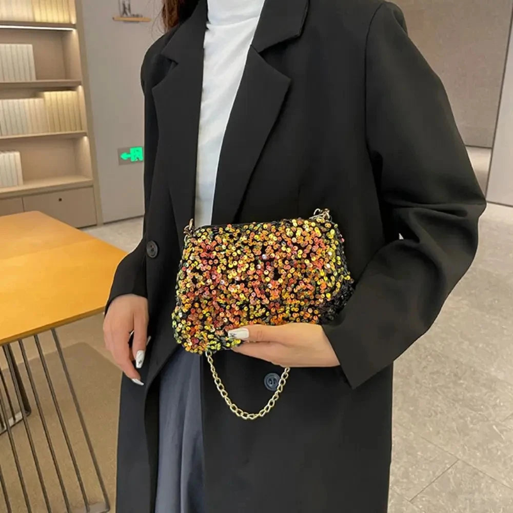 Solid Color Sequins Crossbody Bag Simple INS Chain Sequins Shoulder Bag Pocket Bag Phone Bag Small Square Bag Dinner Party