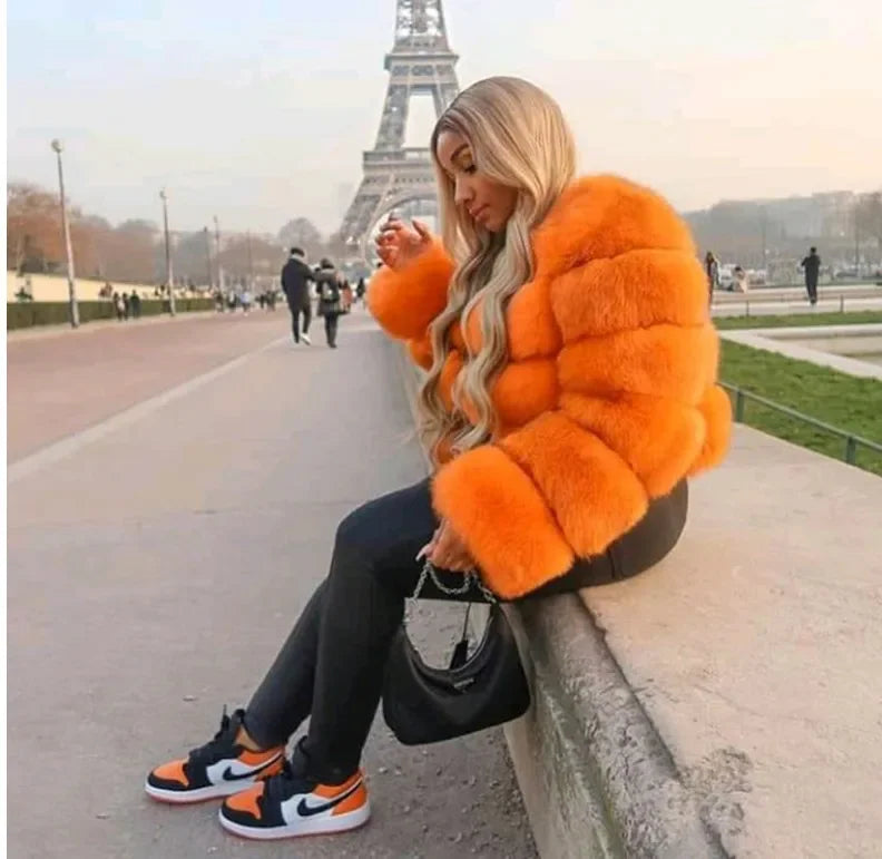 Faux Fur Women Coats Solid Round Neck Full Sleeve Coat Thick Warm Fox Short Open Stitch Elegant Splice Autumn Winter 2024