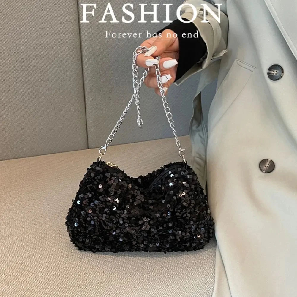 Solid Color Sequins Crossbody Bag Simple INS Chain Sequins Shoulder Bag Pocket Bag Phone Bag Small Square Bag Dinner Party