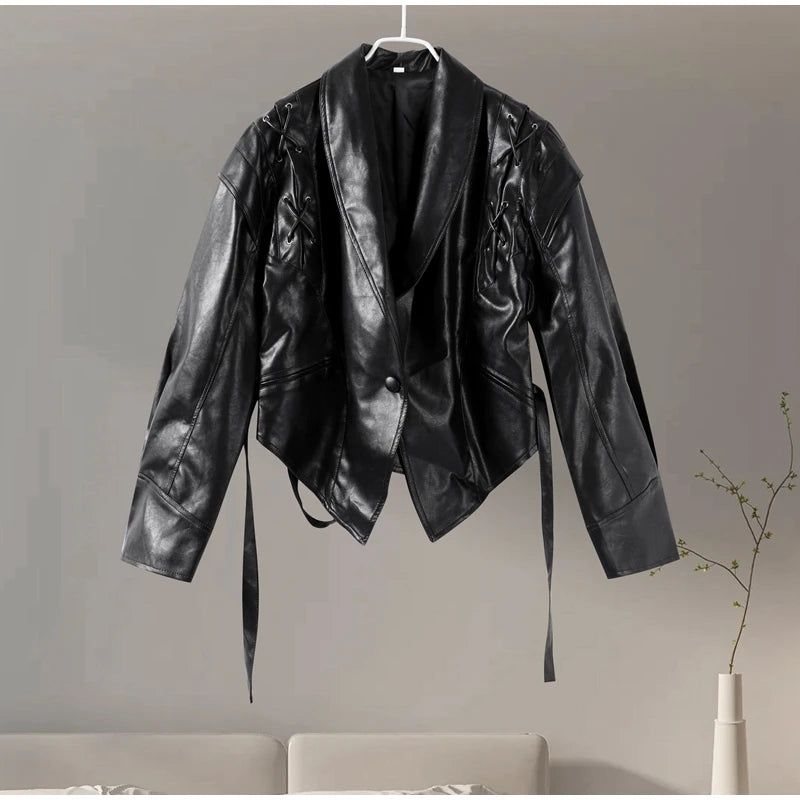 Women Leather Bomber Jackets Coats With Belt Notched Shoulder Pads Motorcycle Street Chic Short Outwear Fashion Solid Lace Up