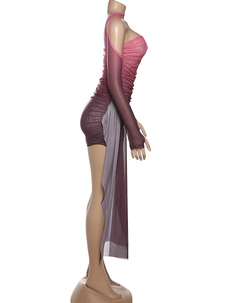 kliou Mesh Simple Women Mini Dress Fashion Solid Strapless Ribbons Tassel Body-shaping Vestidos+Seperately Full Sleeve Gloves