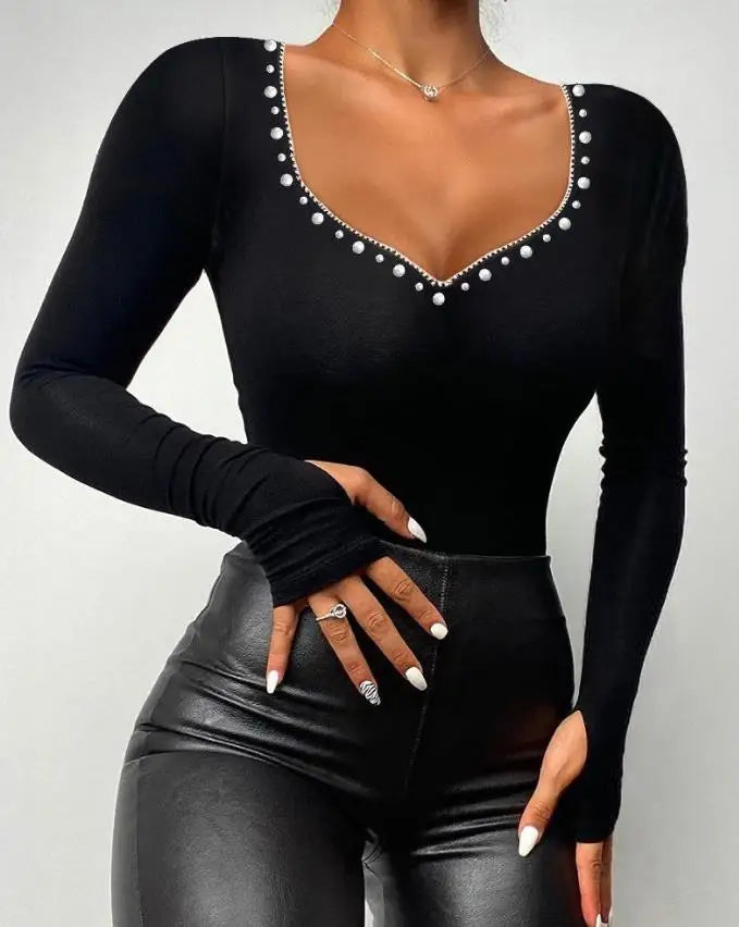 Bodysuit for Women 2022 Beaded Cold Shoulder Long Sleeve Bodysuit 2022 Autumn Europe and America Fashion Women's Clothing
