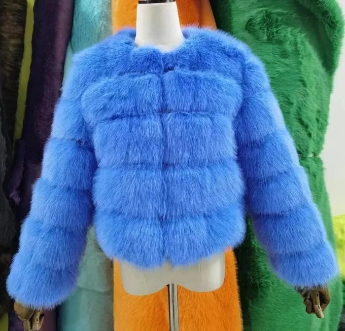Faux Fur Women Coats Solid Round Neck Full Sleeve Coat Thick Warm Fox Short Open Stitch Elegant Splice Autumn Winter 2024