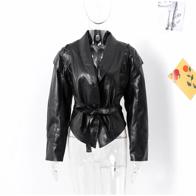 Women Leather Bomber Jackets Coats With Belt Notched Shoulder Pads Motorcycle Street Chic Short Outwear Fashion Solid Lace Up
