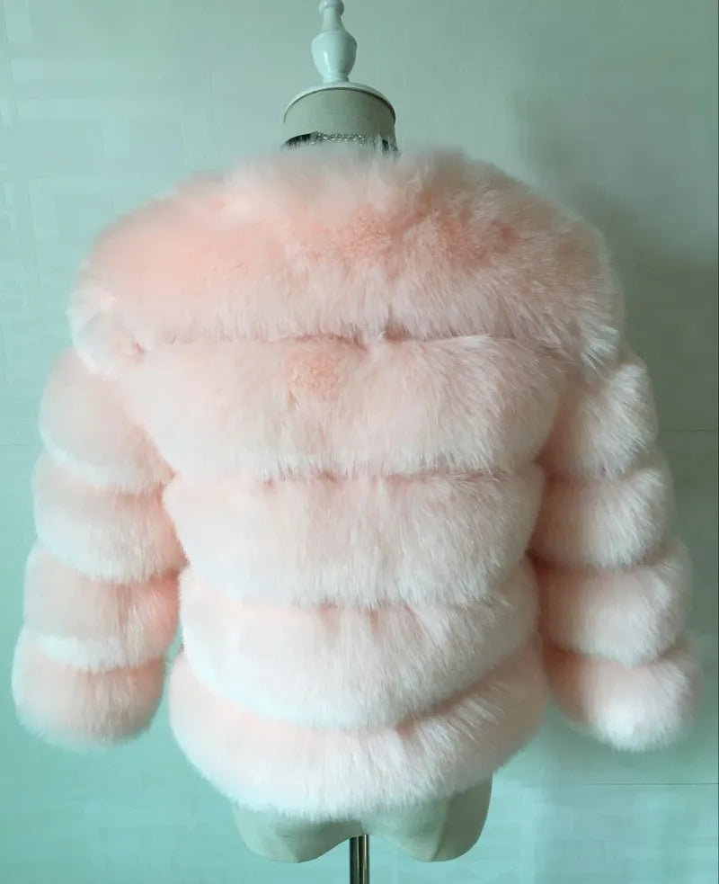 Faux Fur Women Coats Solid Round Neck Full Sleeve Coat Thick Warm Fox Short Open Stitch Elegant Splice Autumn Winter 2024