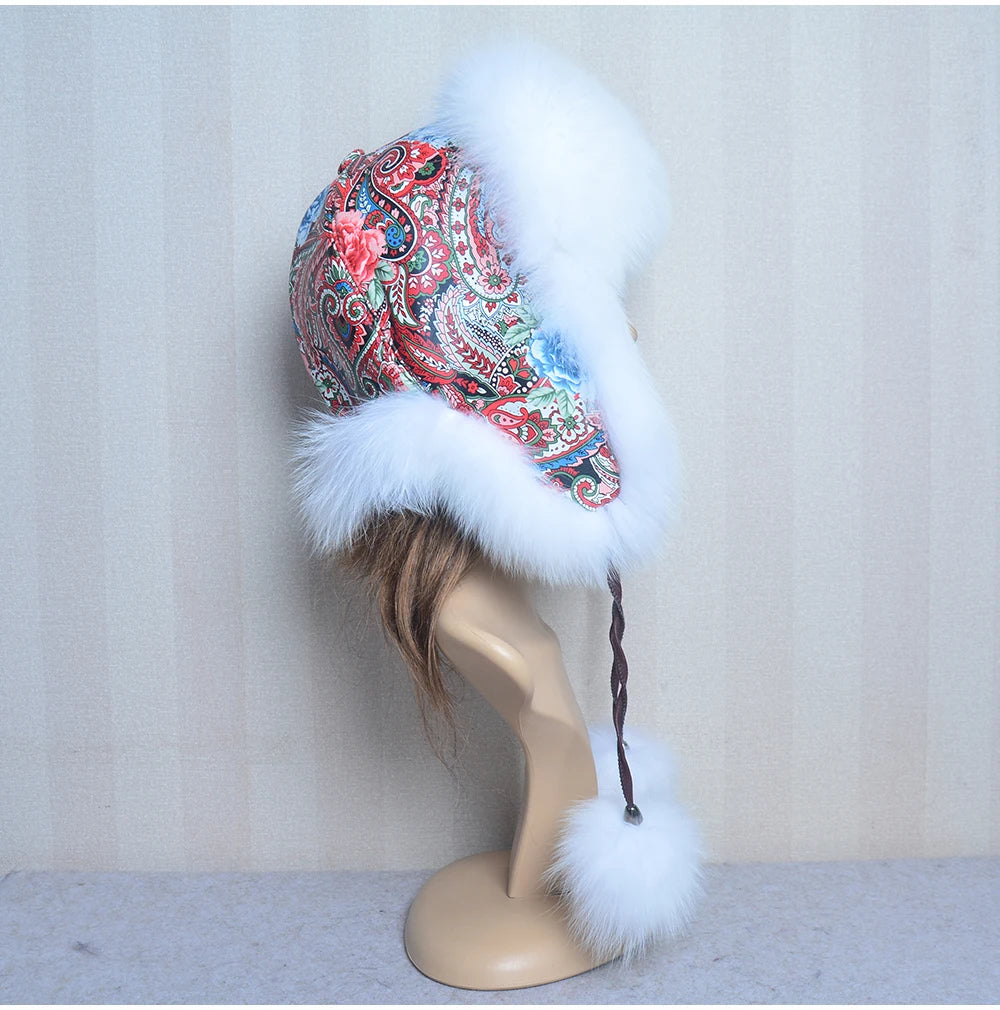 Winter Fur Hat for Women Hat with Ear Real Fox Fur Caps Russian Women Bomber Hats Bonnets Trapper Cap Camo Fox Hat Wholesale