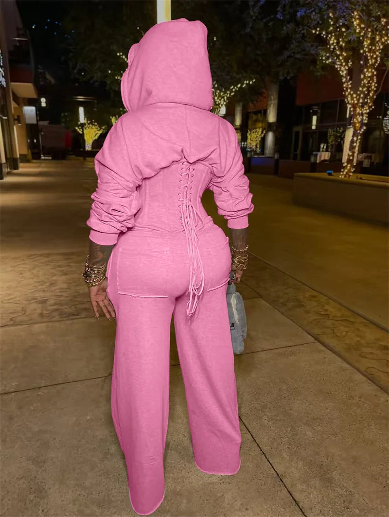 Streetwear Casual Tracksuit Woman 2 Piece Sets Sporty Zipper Hooded Lace-up Bandage Corset Jacket and Sweatpants Matching Set