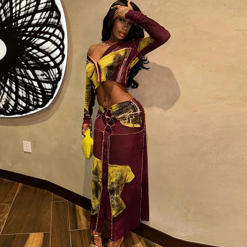 Leosoxs Two Piece Skirt Sets African Outfits Women Long Sleeve Crop Top + Single Breasted Skirts Suit Female Streetwear Clothing