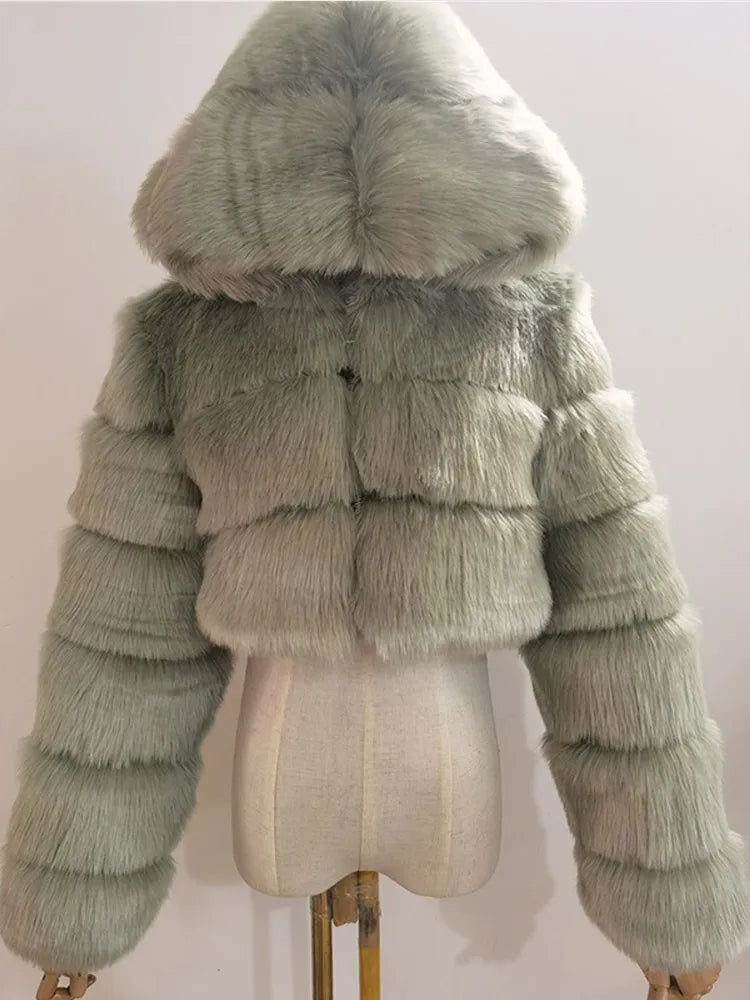 Solid Short Hooded Faux Fur Coat Women Chic Full Sleeve Zipper Cropped Loose Warm Coats Lady Winter Daily Highstreet Outerwears