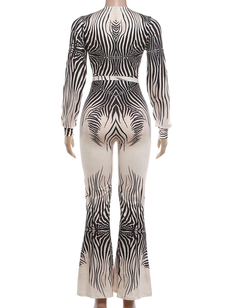 Kliou Stripe Patchwork Flared Jumpsuit Woman Deep V-Neck Hollow Off Shoulder Full Sleeve High Street Sexy Fashion Style Overalls