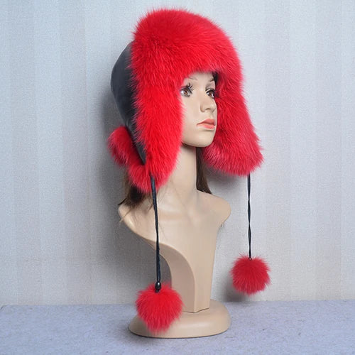 Winter Fur Hat for Women Hat with Ear Real Fox Fur Caps Russian Women Bomber Hats Bonnets Trapper Cap Camo Fox Hat Wholesale