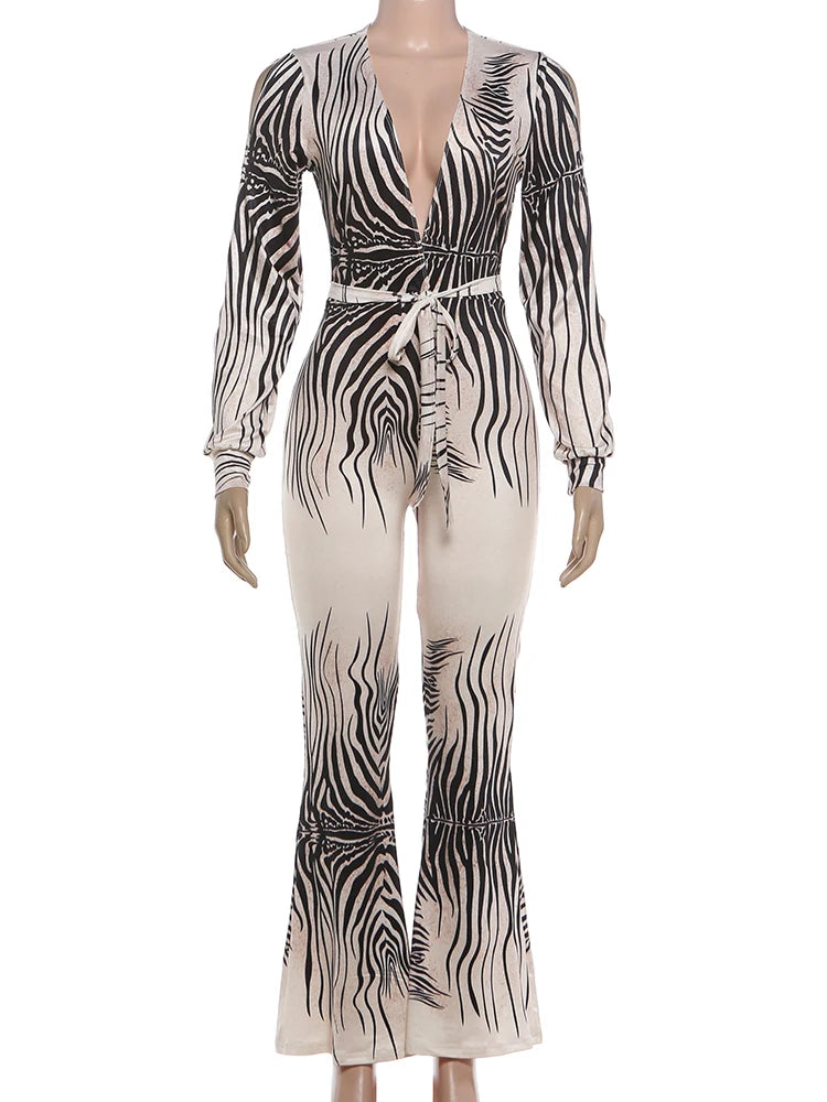 Kliou Stripe Patchwork Flared Jumpsuit Woman Deep V-Neck Hollow Off Shoulder Full Sleeve High Street Sexy Fashion Style Overalls
