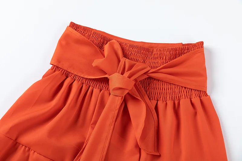 Fashion Puff Sleeve Short Top Sets Ladyelegant O Neck Tops+High Waist Lace-up Wide Leg Pants 2 Pieces Set For Woman Holiday New