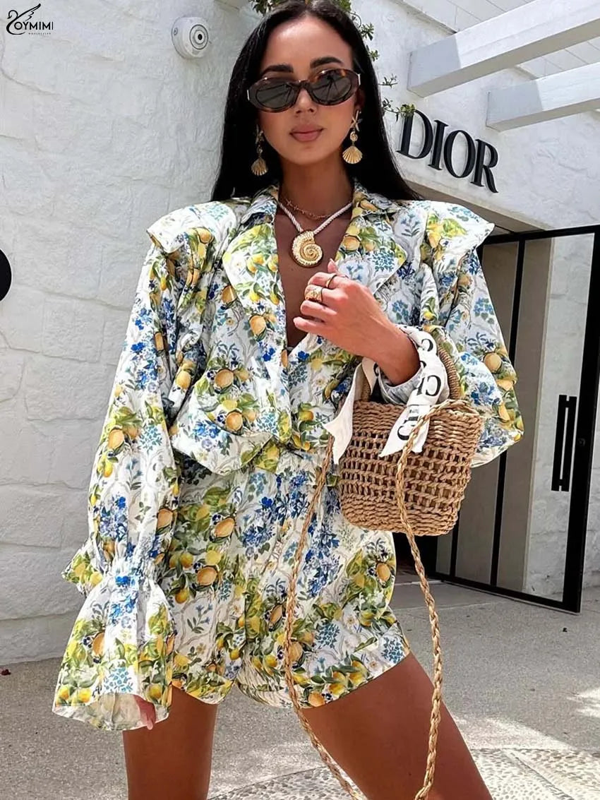 Oymimi Elegant Pink Print 2 Pieces Set For Woman Fashion Lapel Long Sleeve Ruffled Button Shirts And High Waisted Shorts Sets