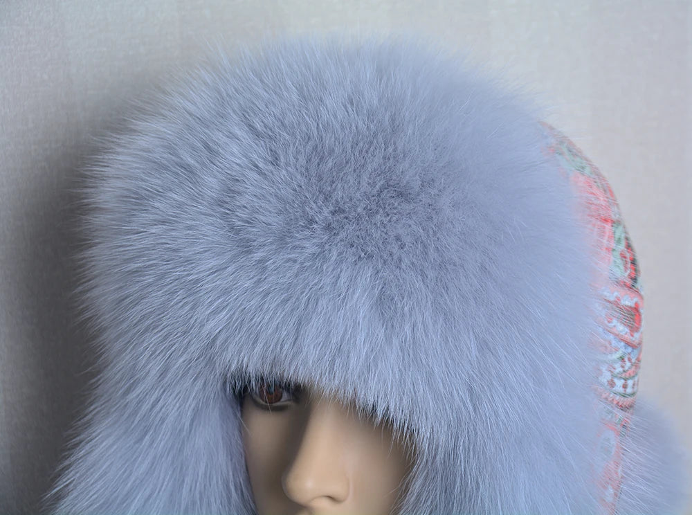 Winter Fur Hat for Women Hat with Ear Real Fox Fur Caps Russian Women Bomber Hats Bonnets Trapper Cap Camo Fox Hat Wholesale