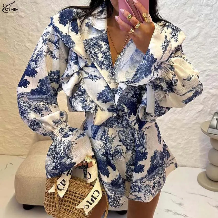 Oymimi Elegant Pink Print 2 Pieces Set For Woman Fashion Lapel Long Sleeve Ruffled Button Shirts And High Waisted Shorts Sets