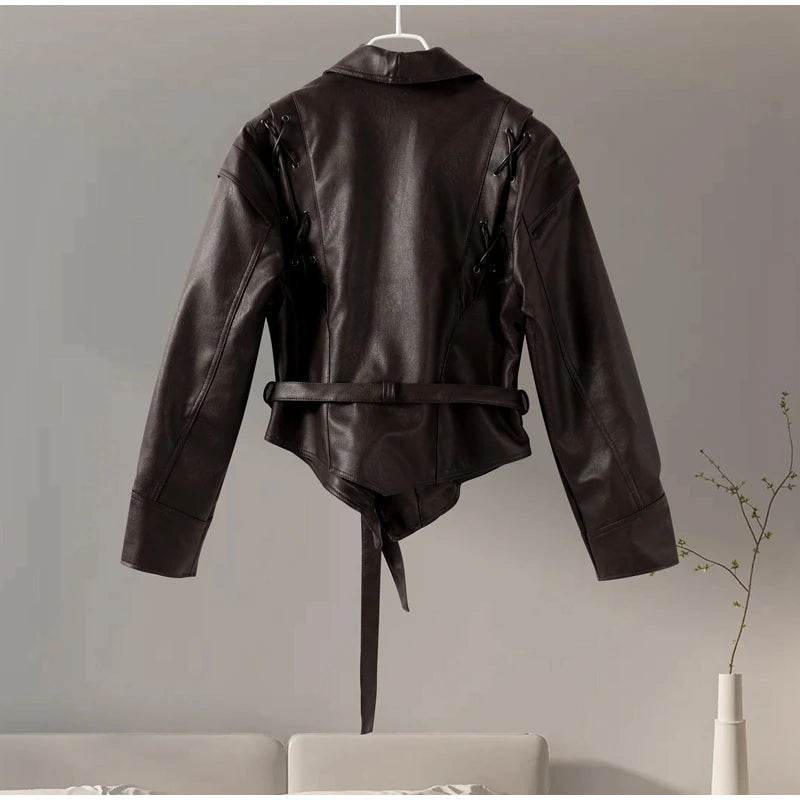 Women Leather Bomber Jackets Coats With Belt Notched Shoulder Pads Motorcycle Street Chic Short Outwear Fashion Solid Lace Up