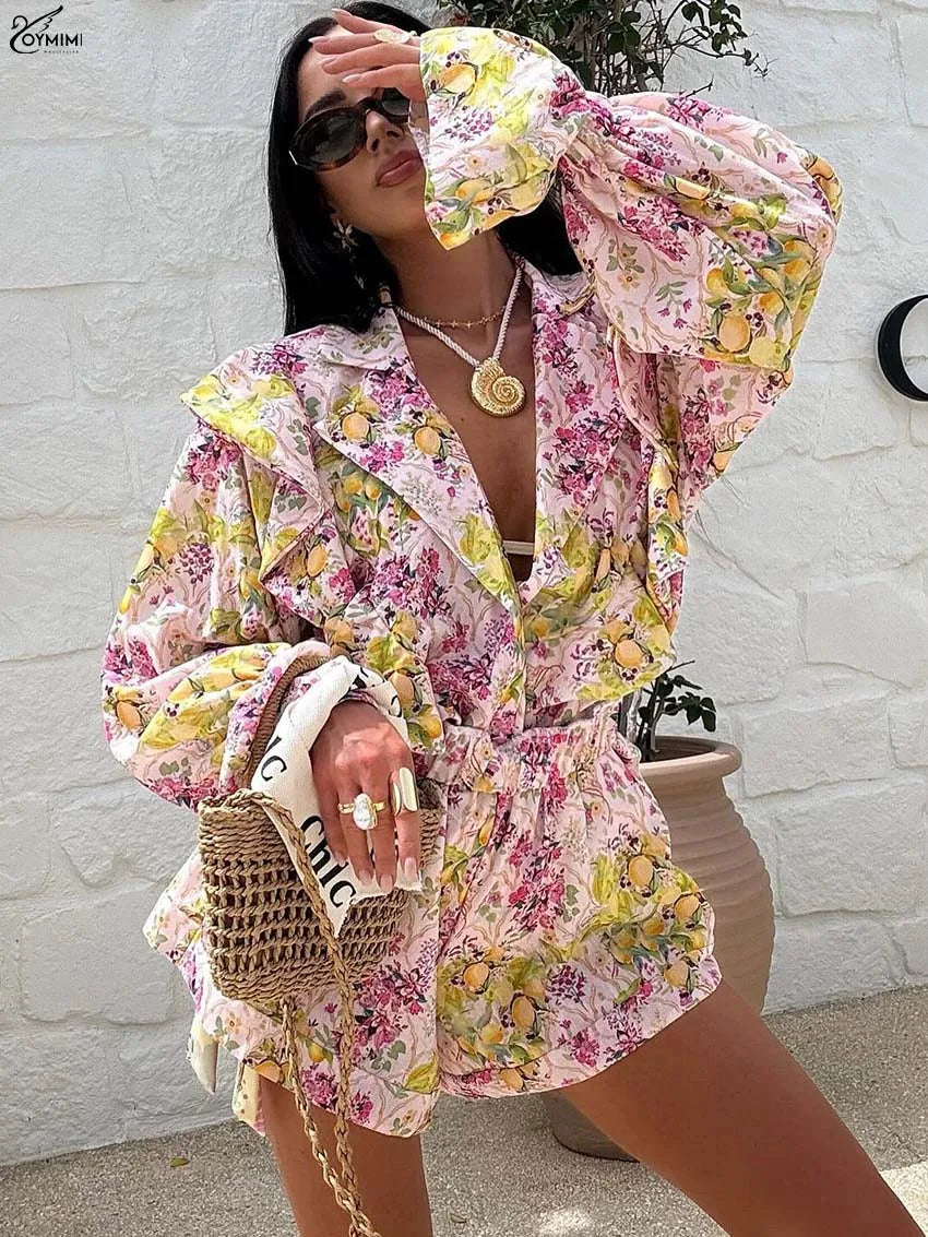Oymimi Elegant Pink Print 2 Pieces Set For Woman Fashion Lapel Long Sleeve Ruffled Button Shirts And High Waisted Shorts Sets