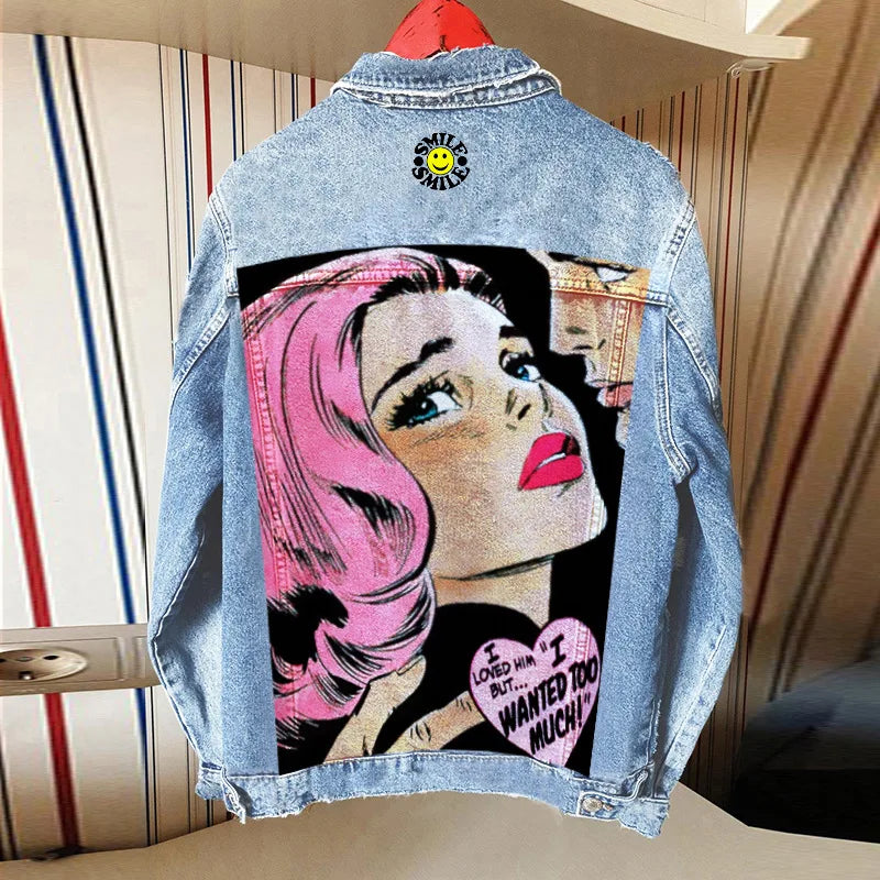 Women's Clothing 2024 Autumn New Hot Street Fashion INS Net Red Personality Sweet Love Girl Print Lapel Denim Jacket